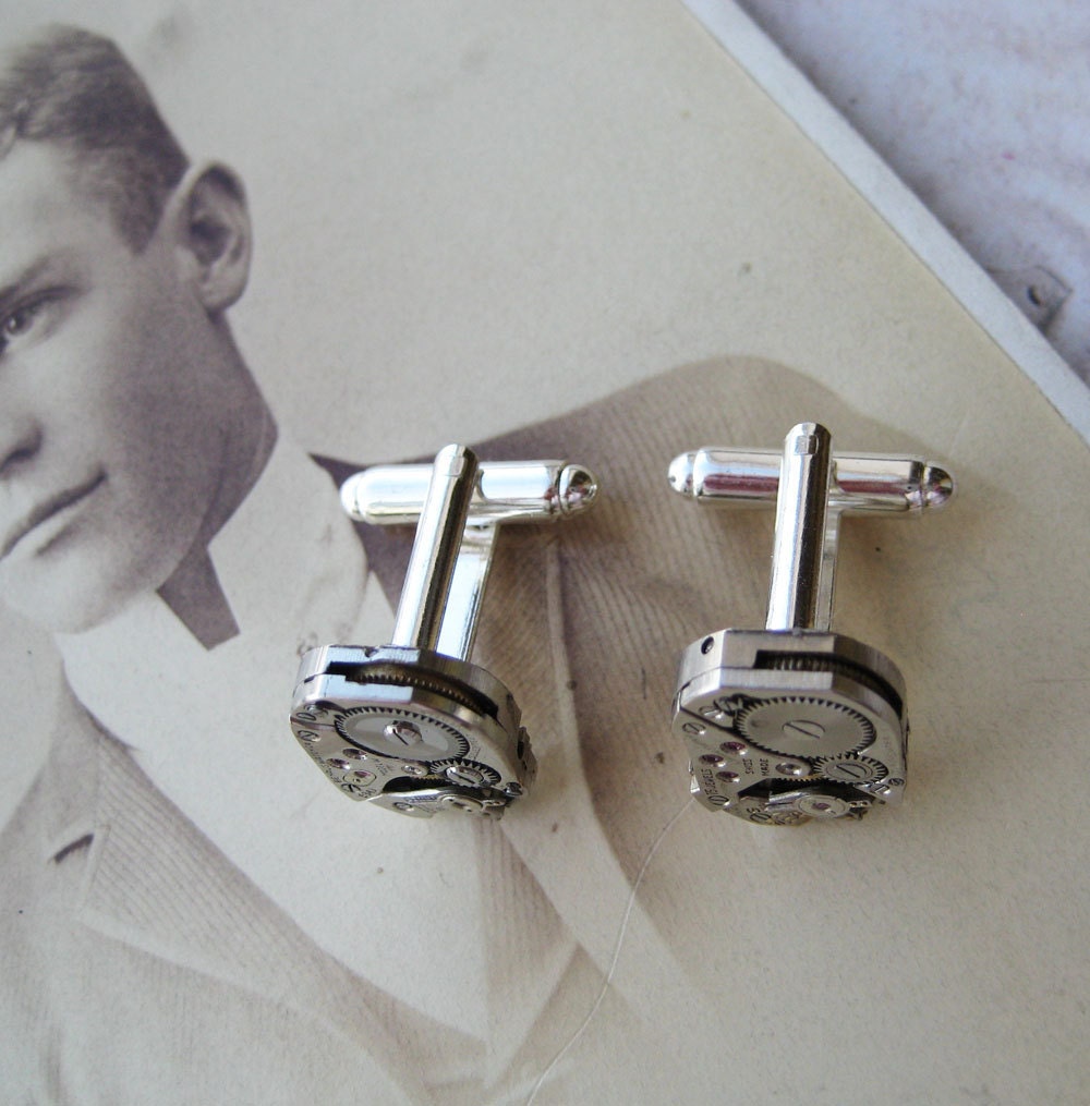 20% off EVERYTHING Steampunk cufflinks jeweled wedding ANTIQUE rare shape wristwatch parts part SILVER art deco cuff links mens jewelry uni