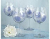 Hand Painted Wine Glasses Periwinkle Blue and Metallic Silver Large Roses - Set of 4 Spring Summer Wedding