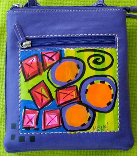 Hand painted small shoulder bag  in purple Leather