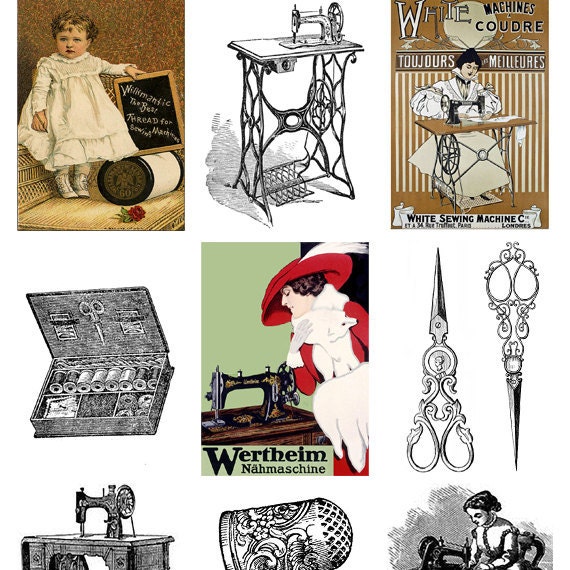 Vintage Sewing Machine Scissors Thimbles Collage Sheet ATC Size Digital Download
