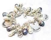 Four Sterling silver Disc Bracelet - Black and White Pearls - Personalized Bracelet HandStamped - Monogrammed Bracelet - Charm Bracelet