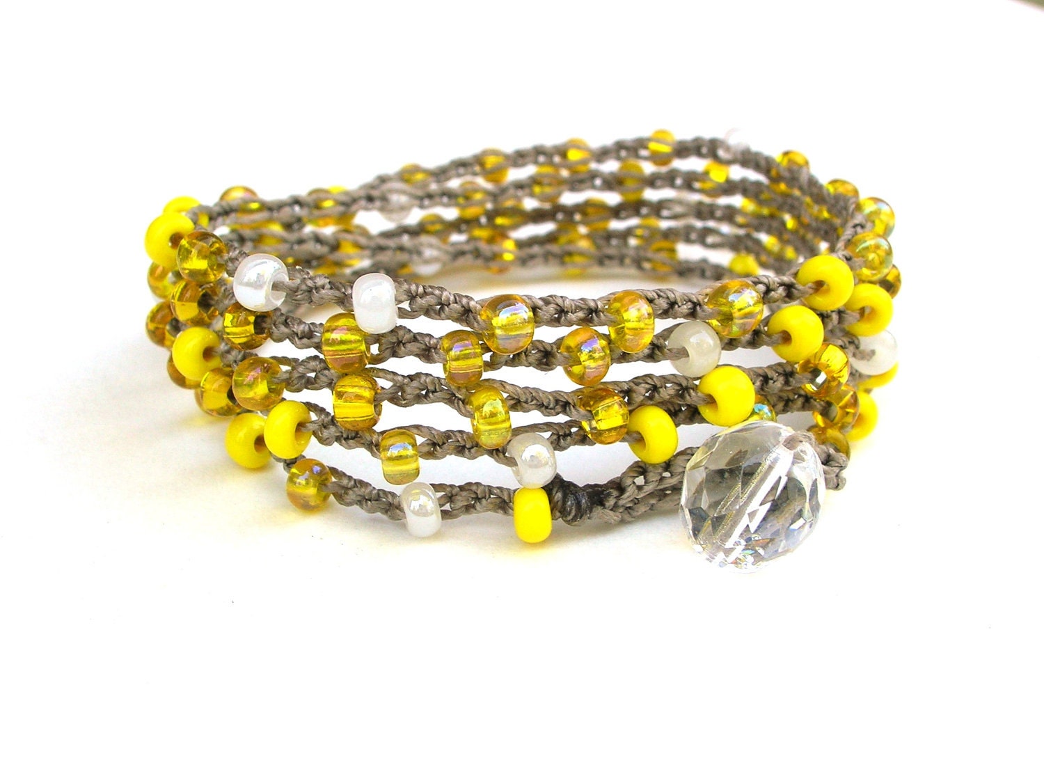 Neon yellow wrap bracelet - Lemon Splash - Boho crocheted jewelry, long necklace, sunshine yellow, summer fashion