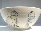 Handmade Ceramic Bowl - Cats in Scarves - with Balls of Yarn in Love- Soup Bowl, Cereal Bowl, Personal Salad Bowl
