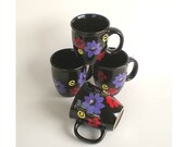 Colorful Hand Painted Mugs - Bright Purple and Red Flowers, Yellow Swirls on Black Ceramic Mugs - Set of 4 Repurposed Mothers Day Coworker
