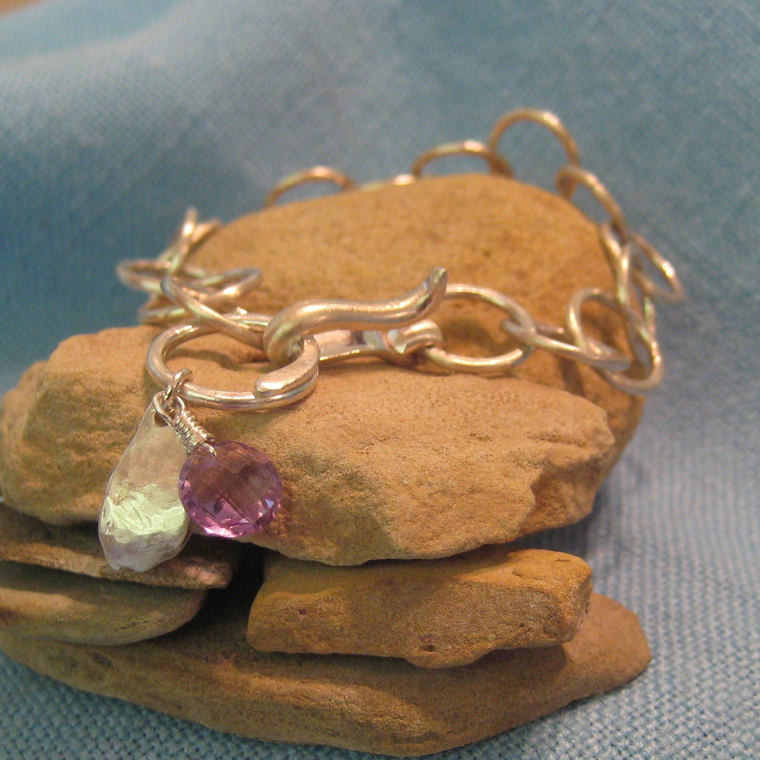 Handmade Sterling Silver Chain Bracelet Amethyst Silver Nugget Charm Bracelet Heavy Link Bracelet JJDLJewelryArt