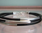 Men's Black Leather Cord Sterling Silver Tube Bracelet