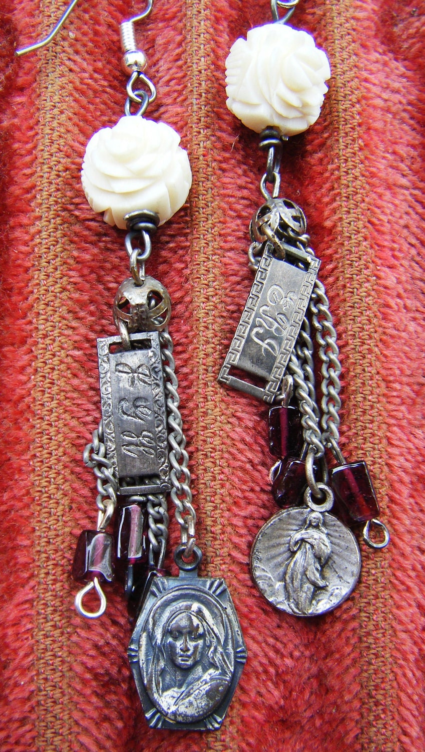 Antique religiious earrings tassel ivory caved bone rosary bead garnet silver Victorian mourning French Madonna one of a kind assemblage