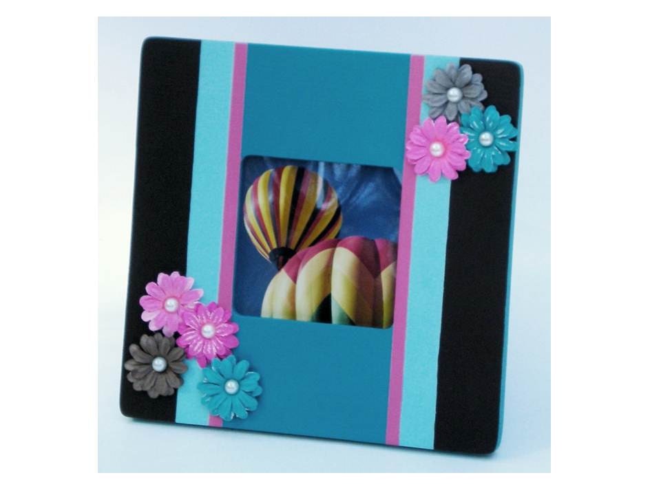 ARTIST MOVING SALE - Hand Painted Photo Frame with Stripes in Hot Pink, Chocolate Brown, Turquoise, Paper Flowers - Summer Mothers Day Teens