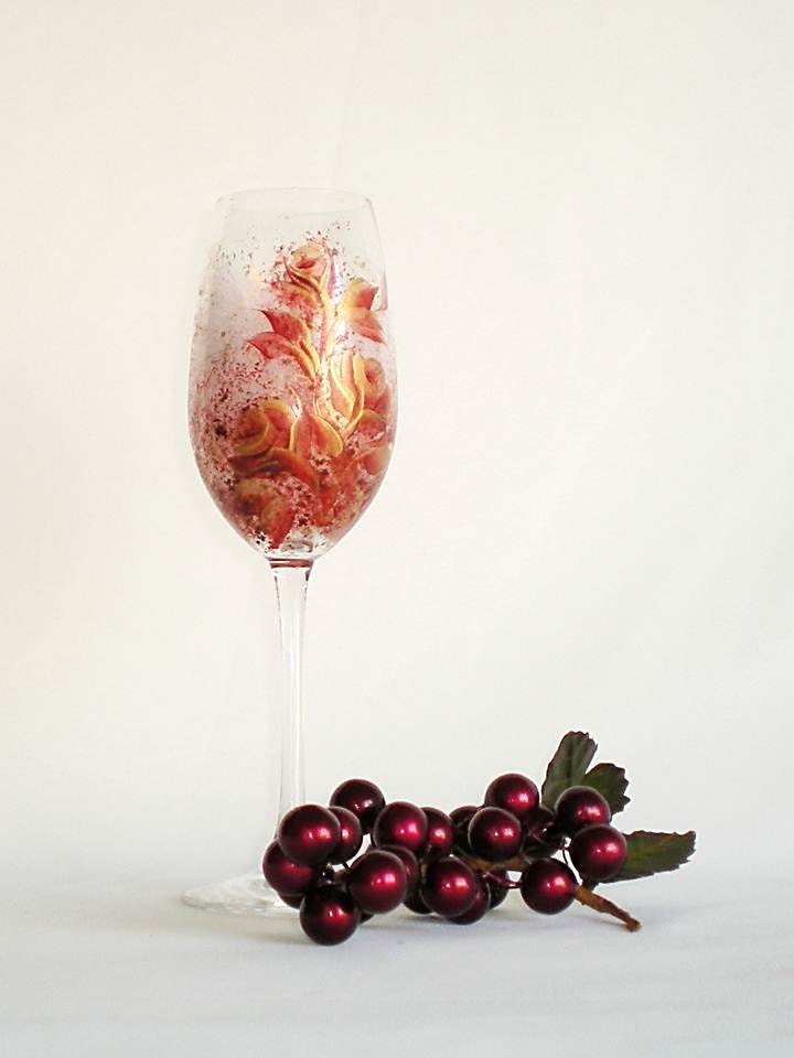 ARTIST MOVING SALE Hand Painted Champagne Flutes, Dark Red and Metallic Gold Roses- Fine Crystal Set of 2 - Mothers Day Fathers Day Wedding