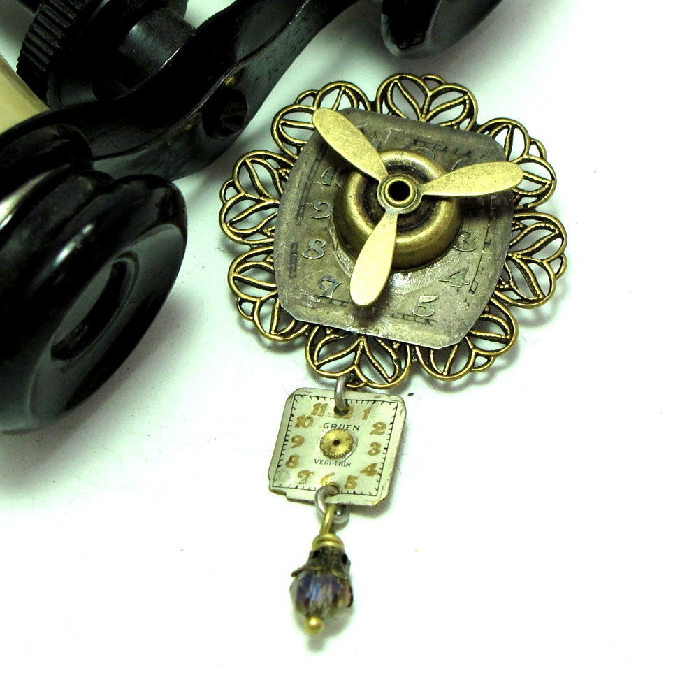 Working Propeller Steampunk OOAK Brooch Vintage Watch Parts Exclusive Design By Mystic Pieces
