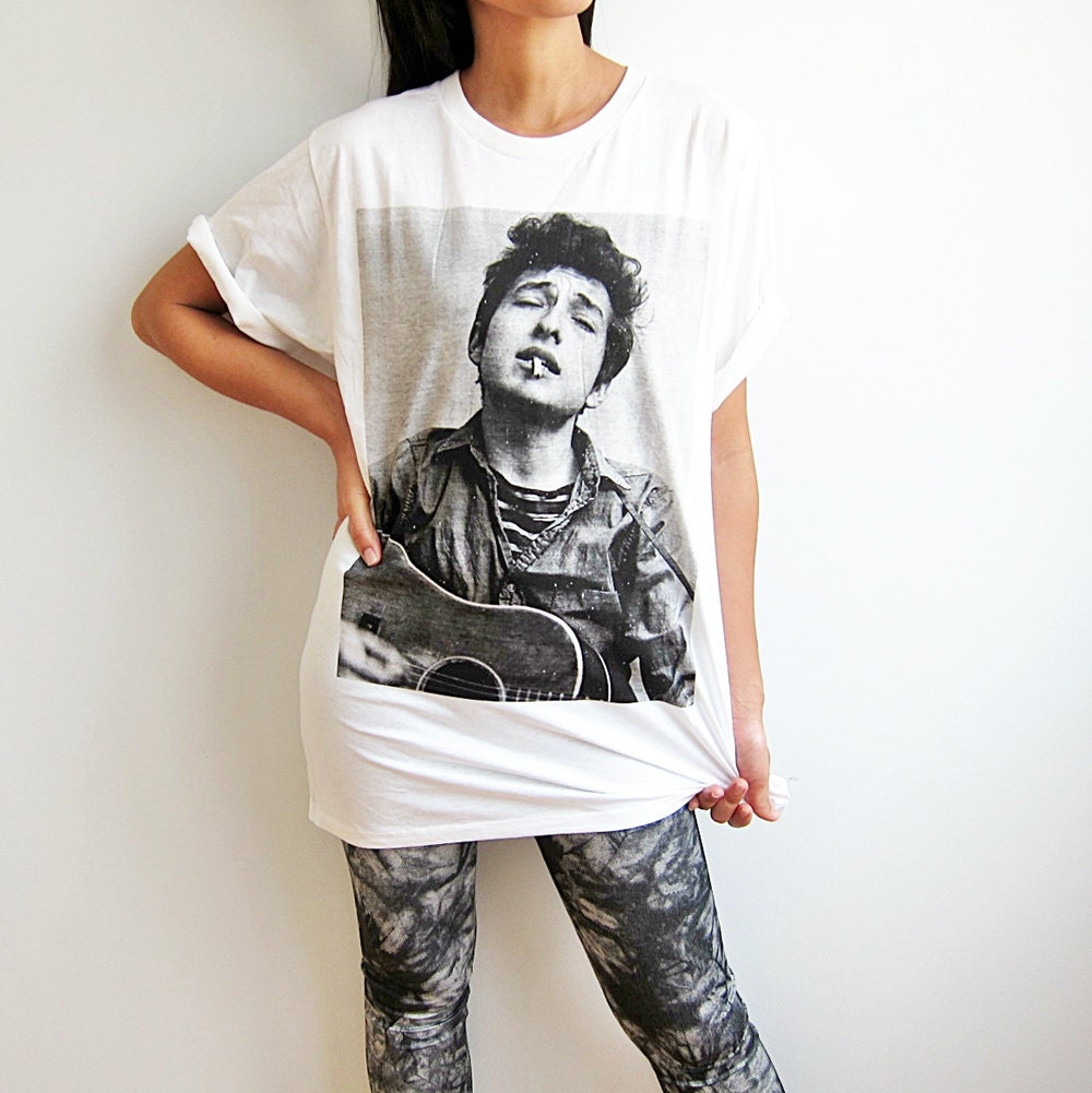 Bob Dylan Country Folk Guitar Pop Rock Hand Printed White T-Shirt Unisex Size L
