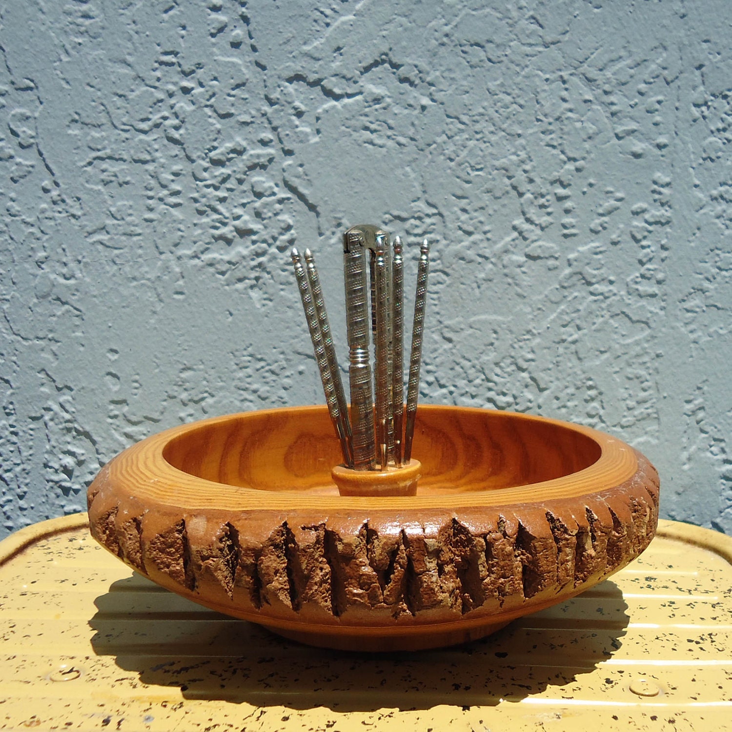 Woodland or Tiki Tree Bark Nut Bowl with Nutcracker and 6 Picks