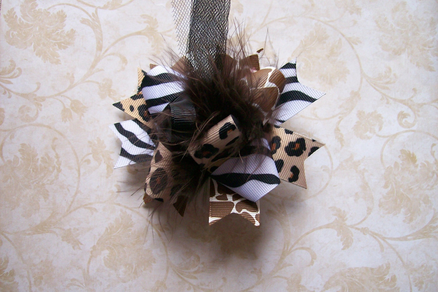 JUNGLE Fever--Hair Bow---MINI Funky Fun Over the Top Bow----Animal Prints---Giraffe, Zebra, Leopard