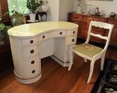 Vintage Kidney Shaped Desk/Vanity with a Glass top & Chair