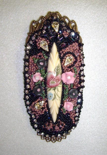 Beaded Vintage Cabachon Brooch/Pendant NEW OOAK Signed Caroline Erbsland
