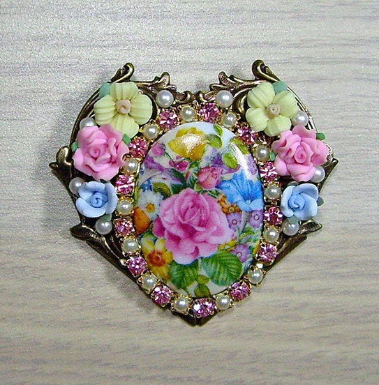 Bouquet Of Love Heart Cameo Pin Brooch/Pendant NEW OOAK Signed Caroline Erbsland