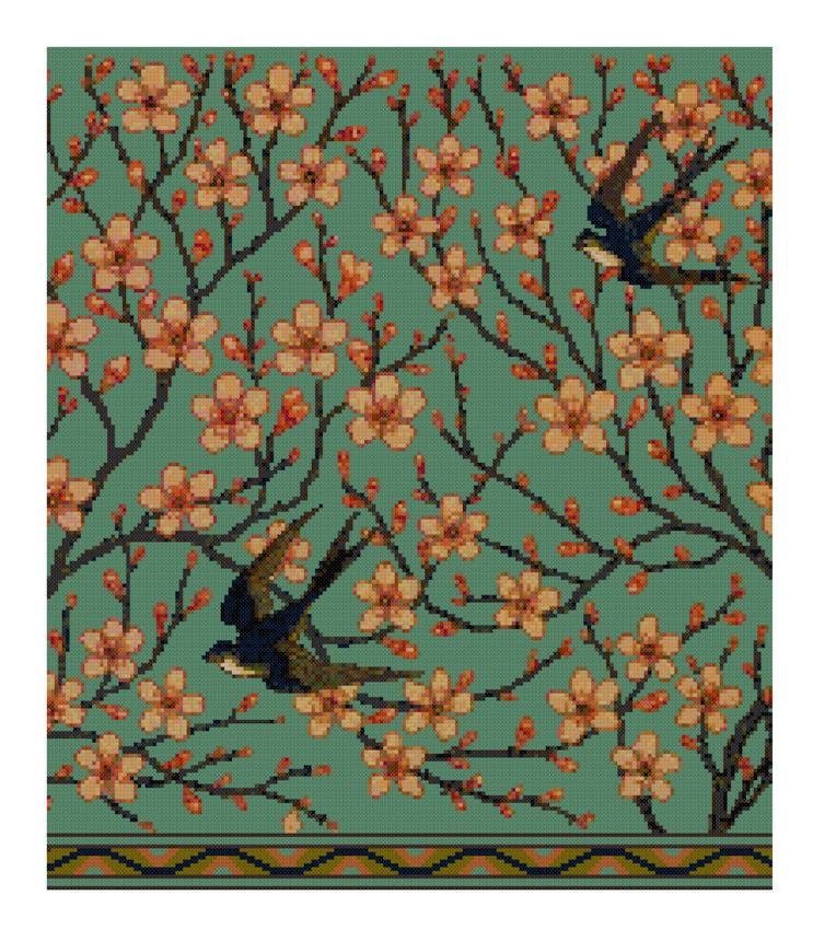 Walter Crane Swallows antique wallpaper design Cross Stitch pattern PDF adaptation