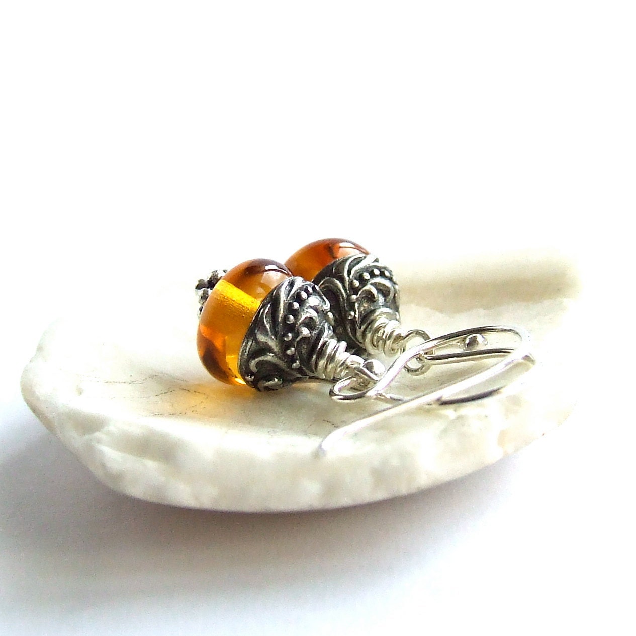 SALE - Sterling Silver, Orange Lampwork Glass - Earrings -Tiny Pops in Orange - Handmade Fashion
