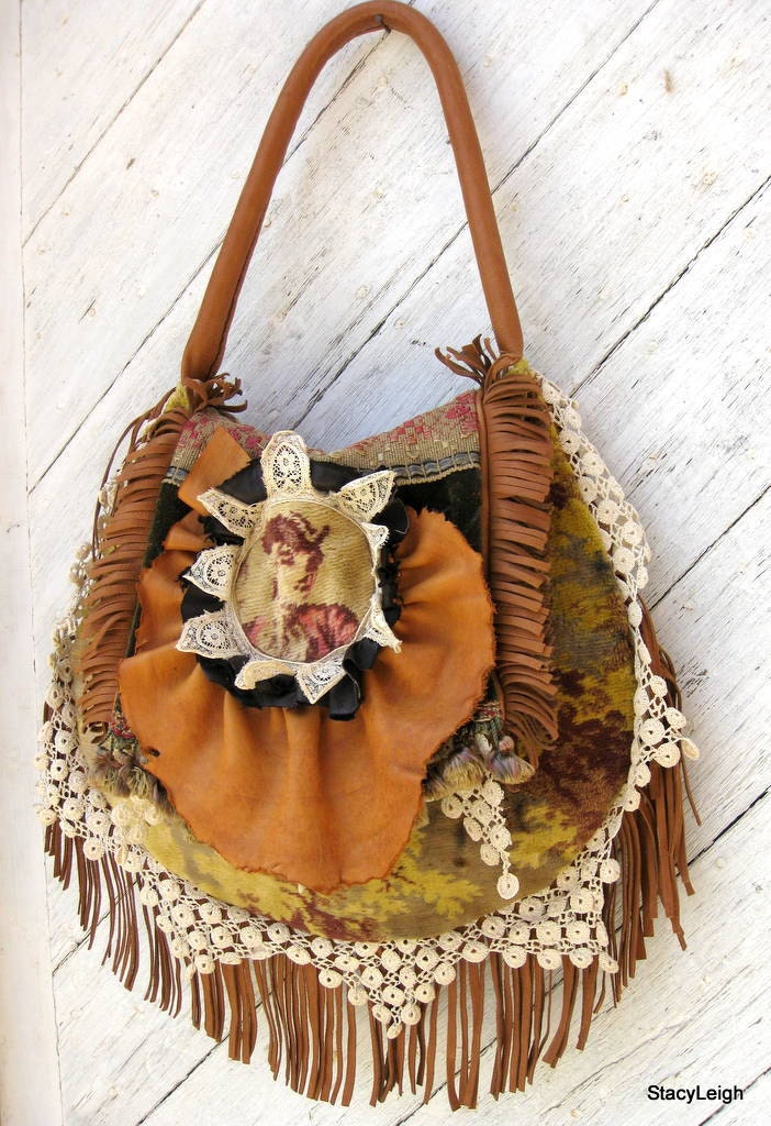 French Tapestry Bag with Leather Fringe and Antique Lace and Deerskin Ruffle by Stacy Leigh Ready to Ship - stacyleigh