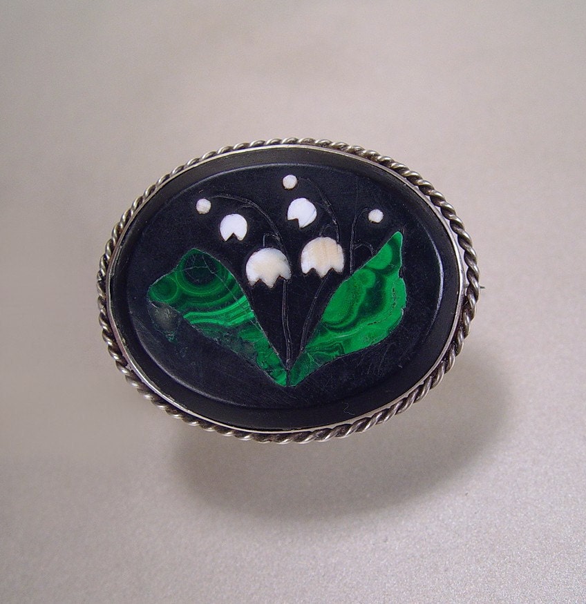Antique Victorian Pietra Dura Brooch Signed Sterling Silver Mourning Vintage 1880s Jewelry