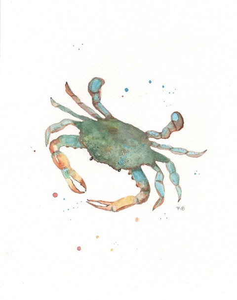 Blue Crab/teal, blue, green, yellow/8x10 Watercolor Print - kellybermudez