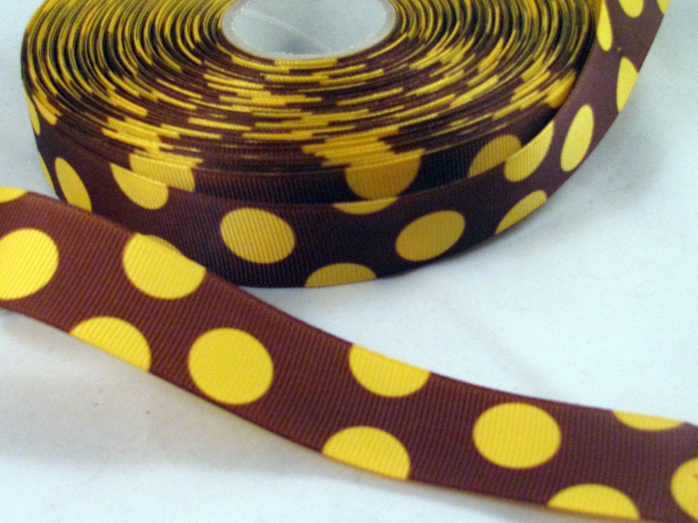 3 Yards of 1" Grosgrain Ribbon in brown with yellow dots