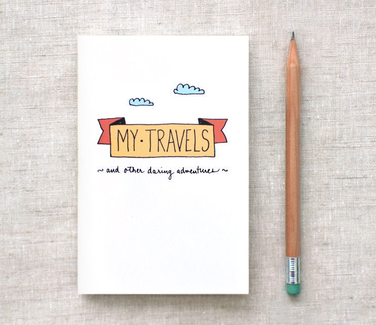 My Travels Journal, Mini Sketchbook - Hand Drawn, Eco Friendly, Mustard Yellow Orange Red Banner