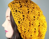 Tam, Slouch Hat in Mustard Yellow Crochet Shells