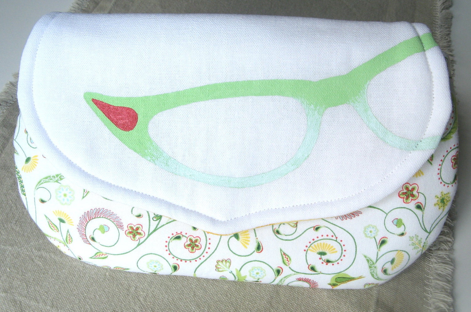 Cat Eye Clutch Hand Painted Purse Glasses Green White Yellow