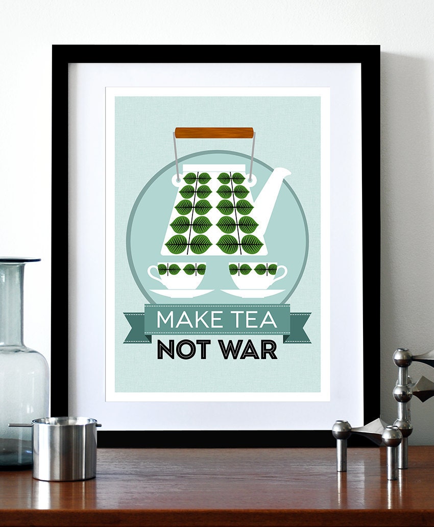 Mid Century Modern poster print Stig Lindberg retro teapot coffee kitchen art - Make Tea Not War 2 - A3