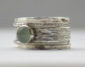 Unique Aquamarine rustic, earthy, hammered recycled sterling silver stackable wedding ring set, engagement bands March Birthstone Rings