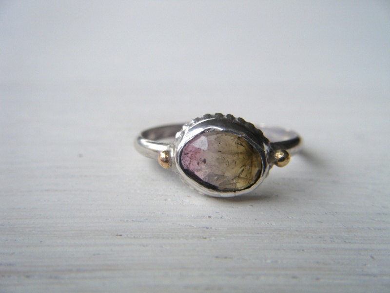 Rosecut Watermelon Tourmaline and Silver with 14kt Gold Ring Sz 7 1/4