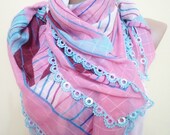 mothers days, mom gifts, unique cheesecloth, beaded lace, pink, blue, shawl,stylish accessory,thin scarf - BloomedFlower