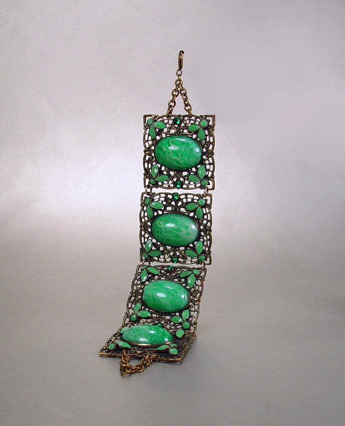 Art Deco Czech Bracelet Green Peking Glass Enamel Filigree Vintage 1920s Jewelry