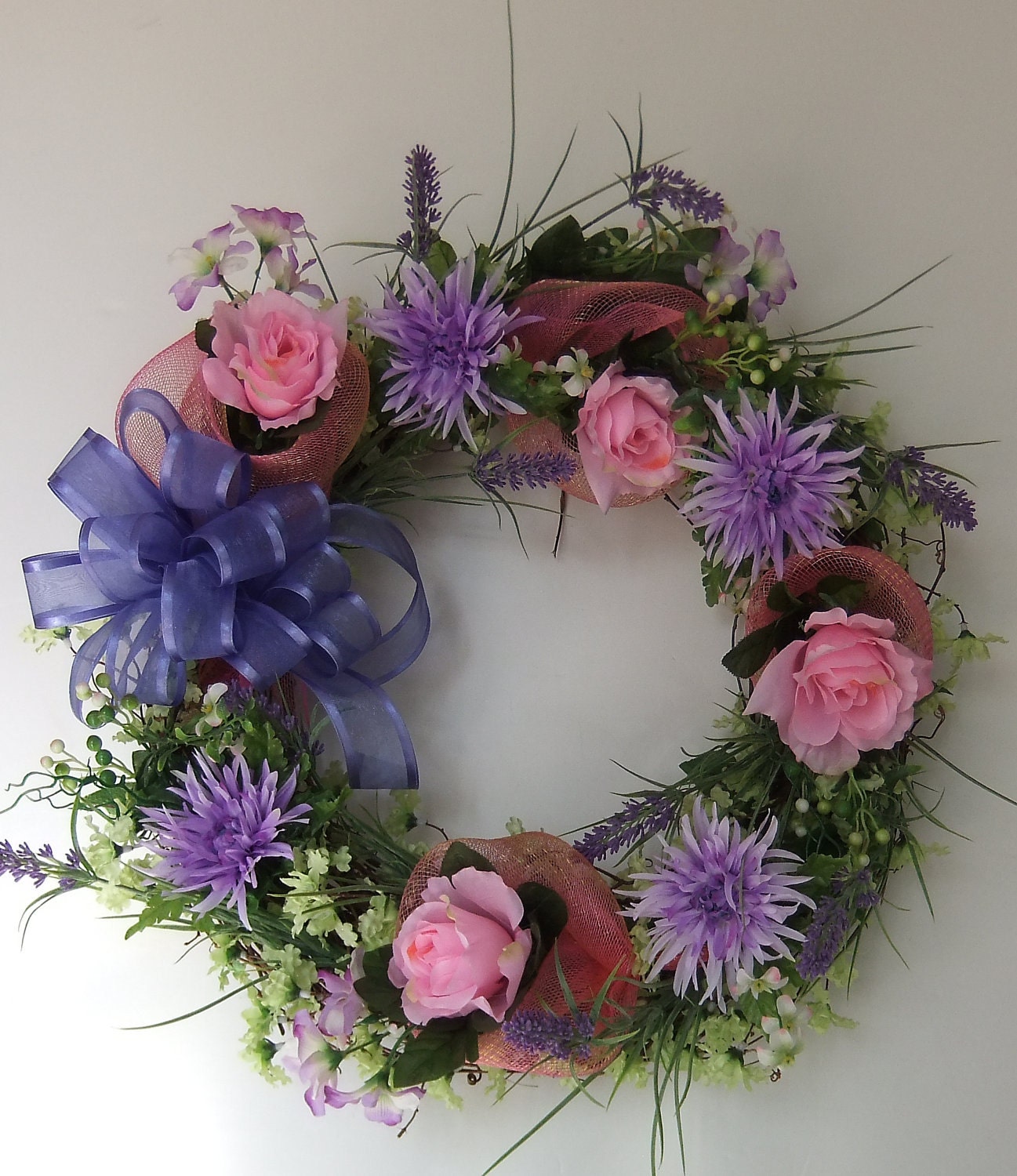 Springtime Grapevine Wreath Lavender Zinnias Pink Roses Lavender Stems