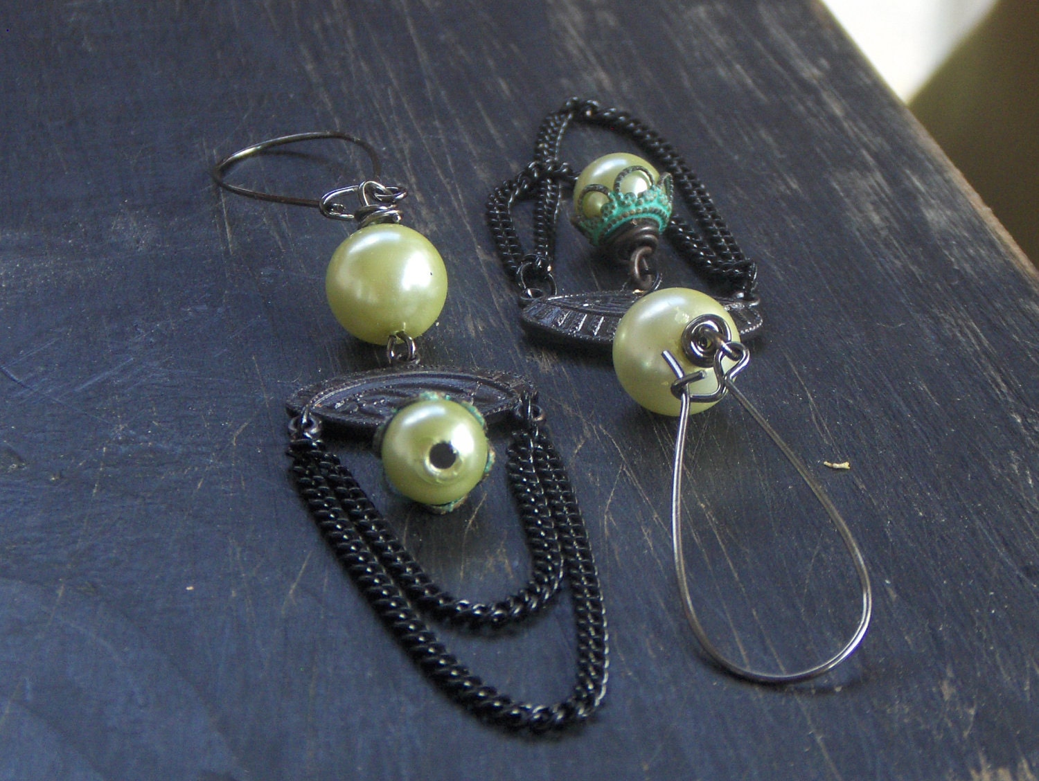 Vespers.  Gothic Victorian chain earrings. Lime glass blackened brass and gunmetal