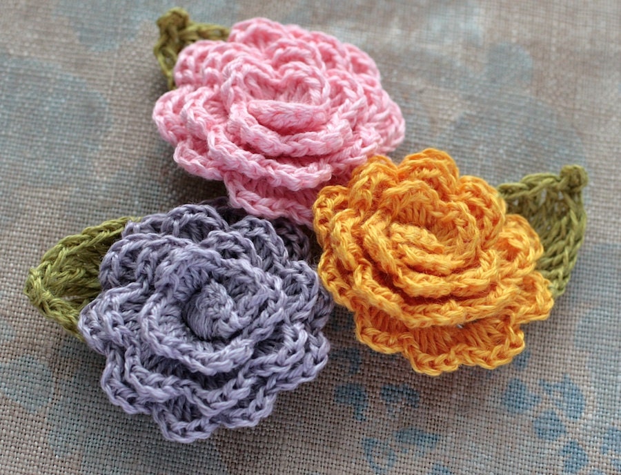 Crochet Linen Flowers Brooches - set of 3