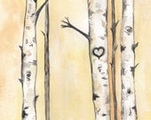 Never Ending Love/Birch Trees with heart/ Love/ Romance/watercolor print/grey and yellow/gray and yellow - kellybermudez