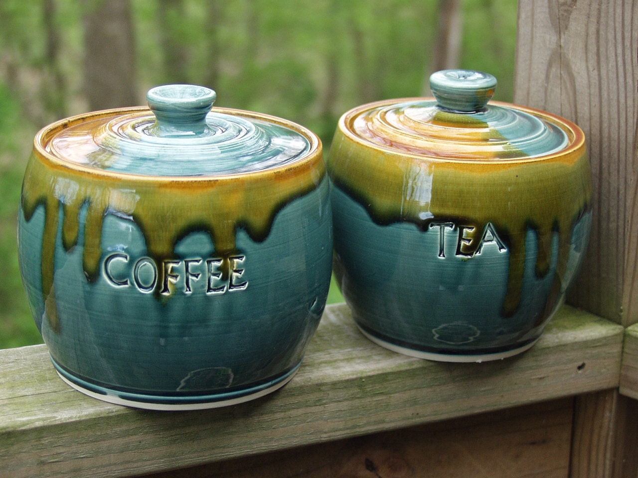 Coffee Tea Canister Set of 2 Lidded Storage Jars Peacock Amber Ready to ship