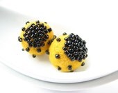 Set of 2 yellow felted round wool beads decorated with seed beads
