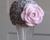 Grey shell beanie with large pink crocheted rose- Newborn and Ready to Ship