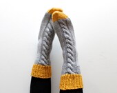 Women's bed socks slipper socks hand knitted in merino wool - color block mustard and grey