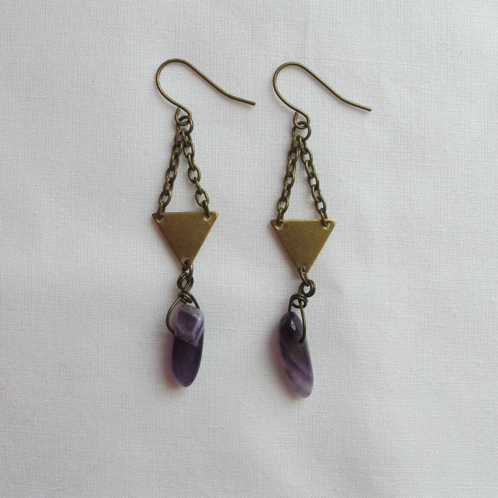 purple brass triangle earrings