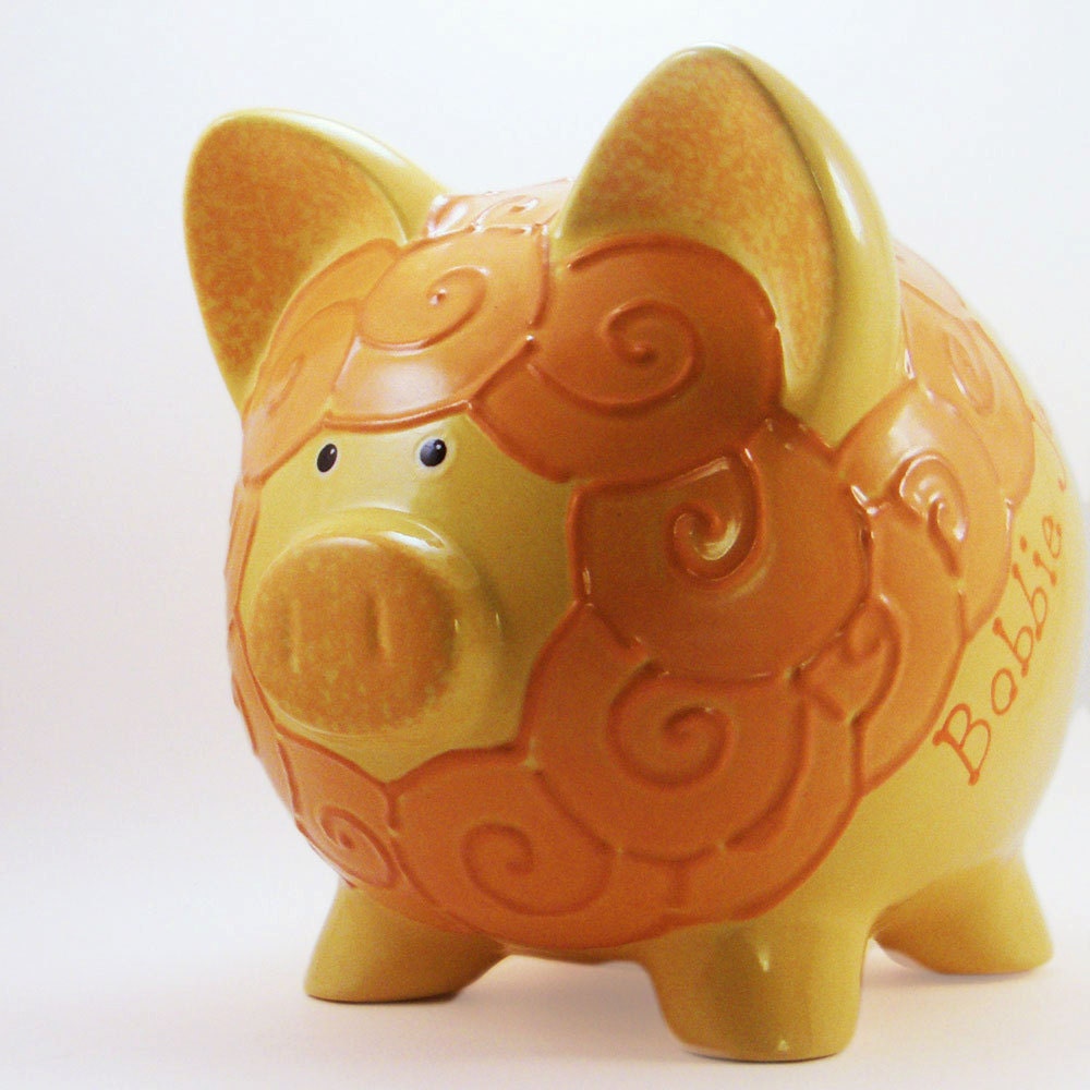 Personalized Piggy Bank - Lion - Yellow & Orange - with hole or NO hole in bottom - ThePigPen