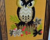 Vintage Handmade Owl Crewel Picture in Frame