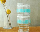Pair of Vintage Juice Glasses - Turquoise and White Folk Design