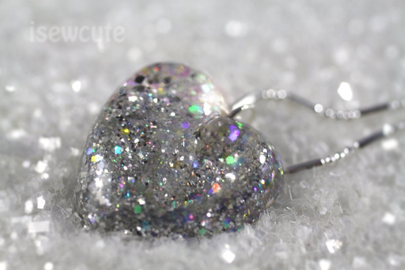 Gorgeous Pendant in Frosty Silver Sparkles - A Resin Glitter Heart Necklace by isewcute