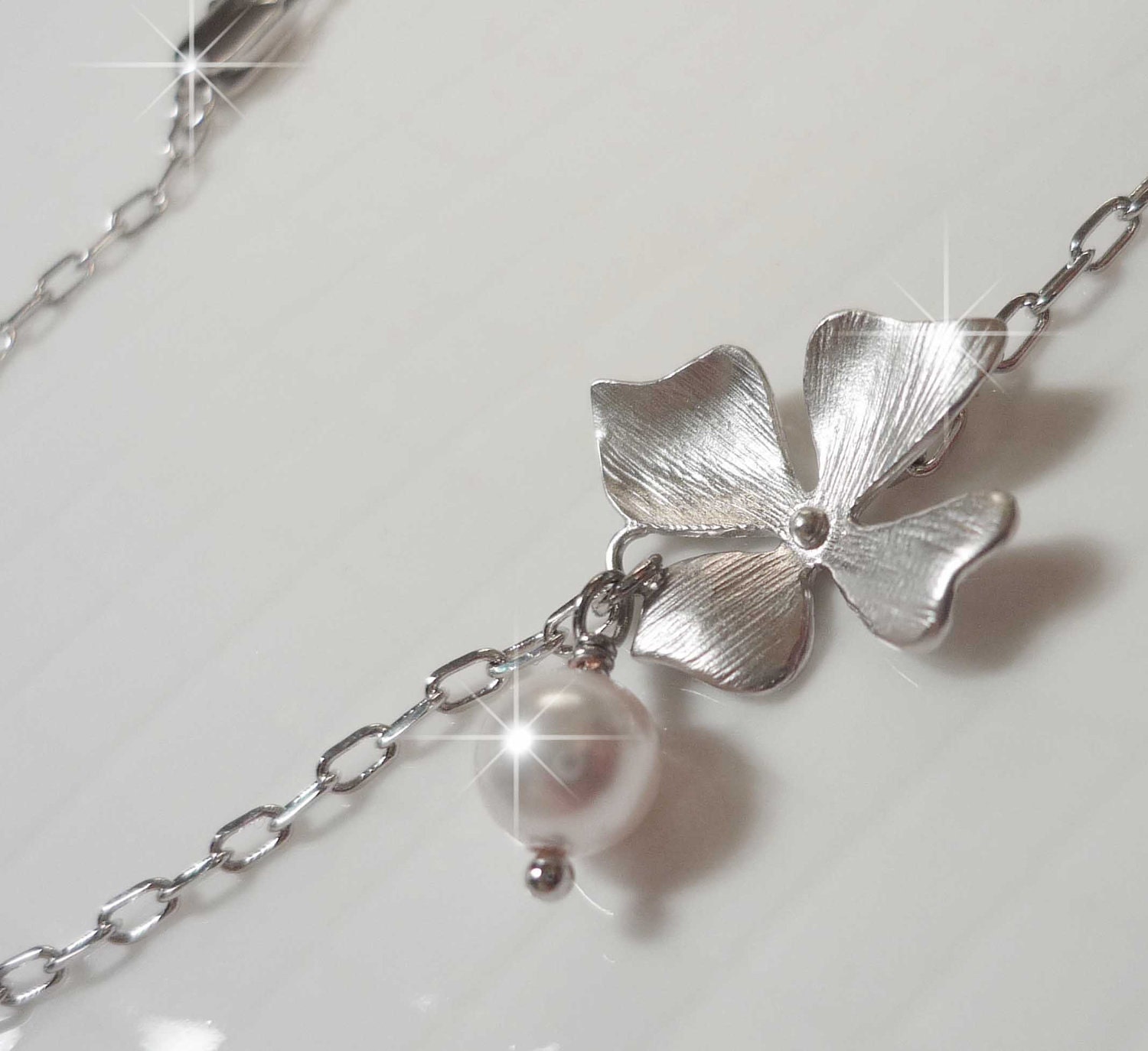 Silver Orchid Bracelet, Orchid and Pearl Bracelet, Bridesmaid Bracelet, Pearl Bracelet