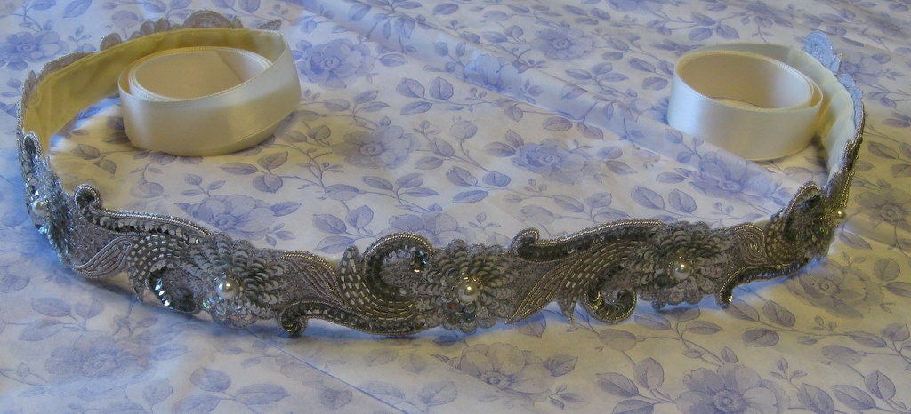 Bridal Belt, Bridal Sash, Bridal accessories,Silver Bridal Sash, beaded trim  with sequin flowers and faux pearl centers, wedding dress sash
