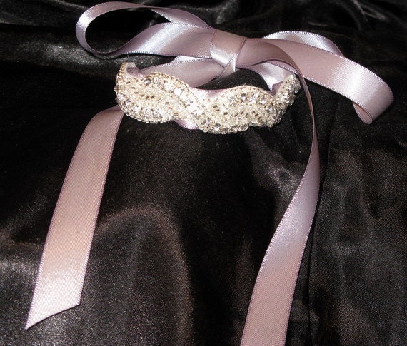 Crystal cuff Bridal, Bridal Cuff bracelet, sash on Silver Satin Ribbon